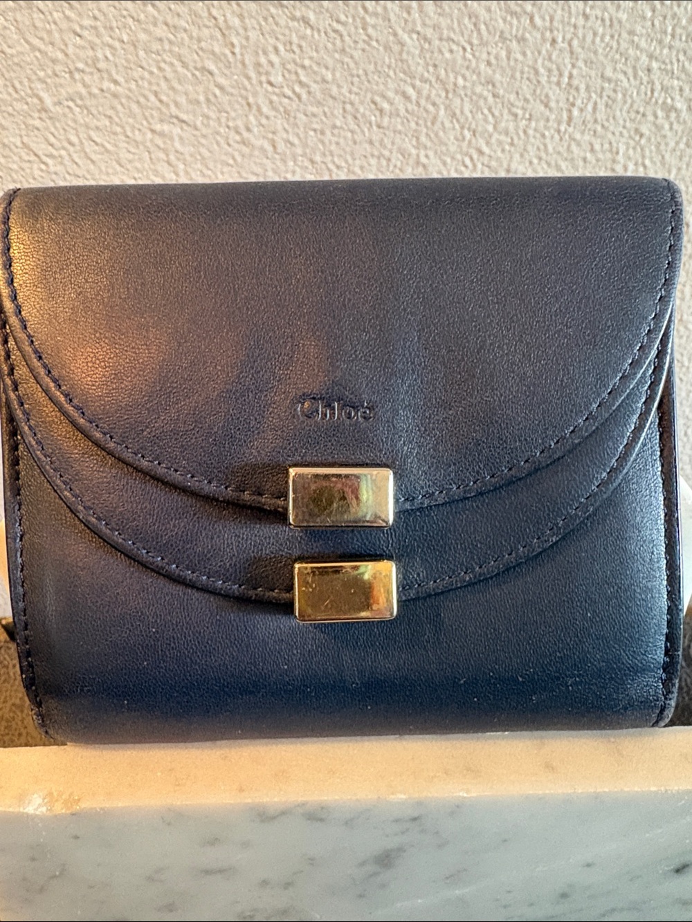 Chloe Navy Leather Compact Wallet with silver Hardware